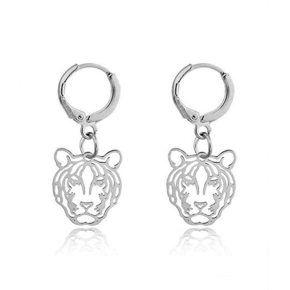 2/$20! Silver Laser Cut Tiger Face Huggie Hoops - Picture 2 of 6